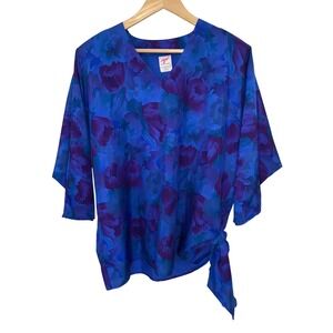 Vtg GRAFF GW Women's Blue Floral Print Tie Blouse  Large Made in USA